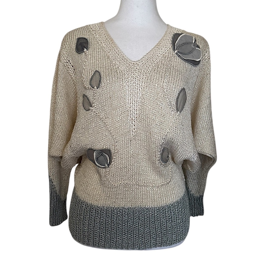 Vintage Lillie Rubin Batwing Sweater Beige Gray V-Neck Leaves Size M Old Money